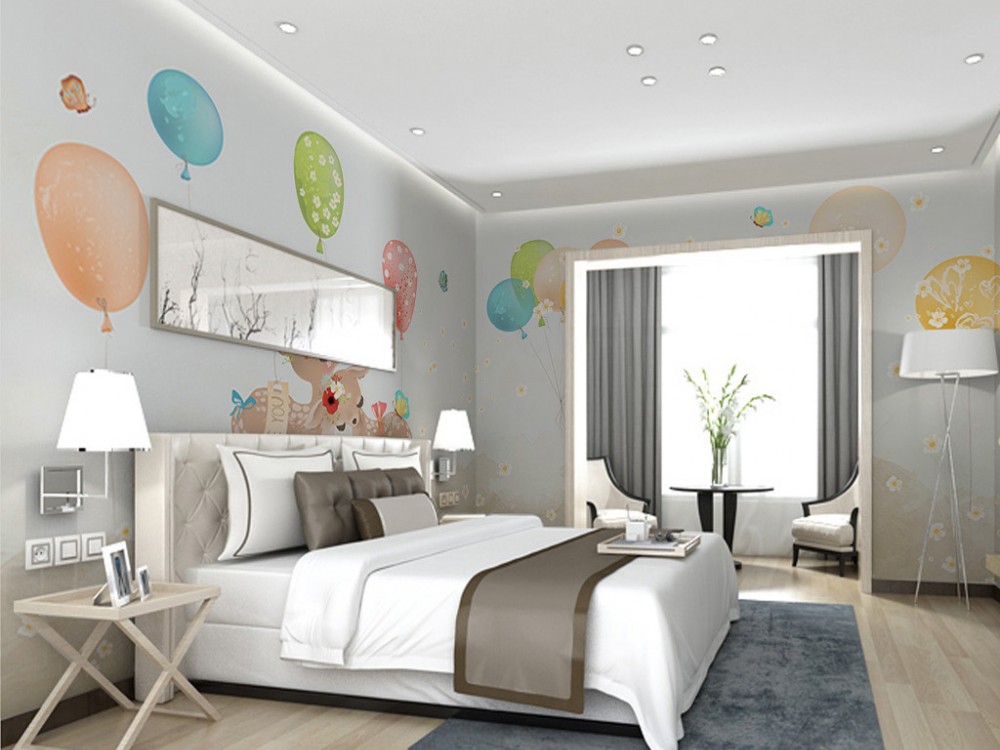 Masalsı Doğa Serisi: Soft Bej Zeminli Çiçekli Geyikler ve Balon Desenli Bebek Odası Duvar Kağıdı