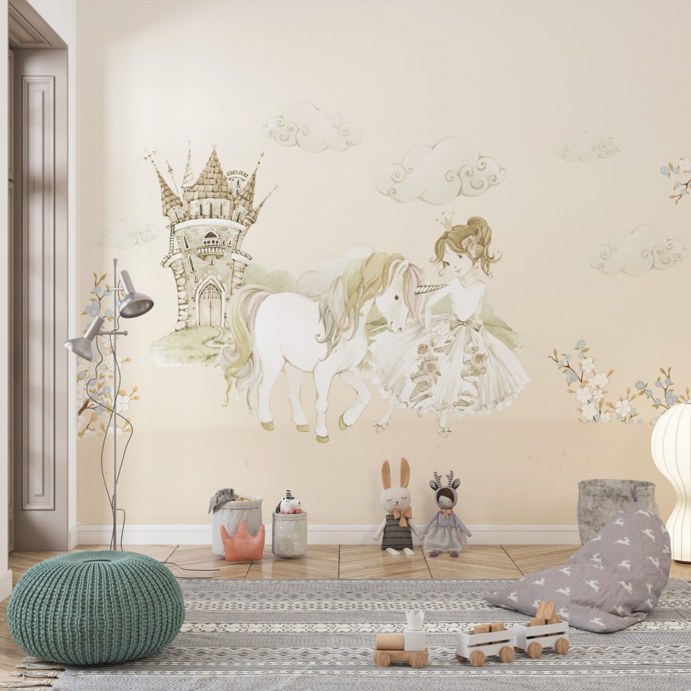 Masalsı Prenses, Sihirli Unicorn At ve Şato Temalı Çocuk Odası Duvar Kağıdı