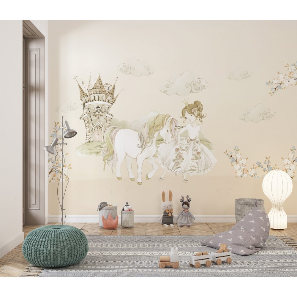 Masalsı Prenses, Sihirli Unicorn At ve Şato Temalı Çocuk Odası Duvar Kağıdı