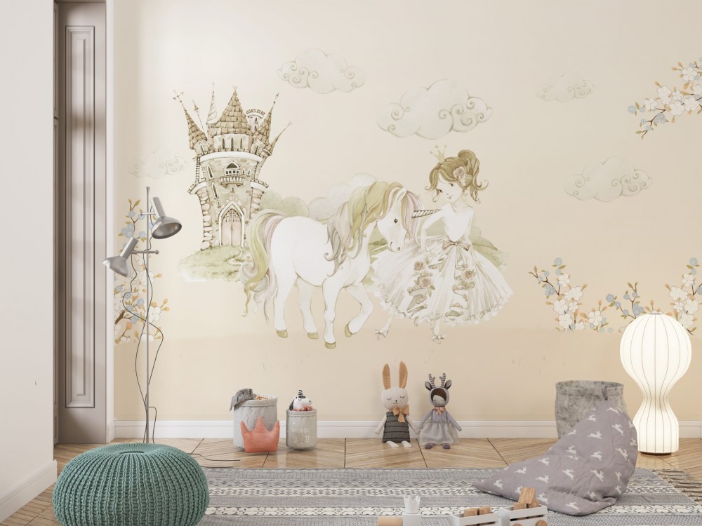 Masalsı Prenses, Sihirli Unicorn At ve Şato Temalı Çocuk Odası Duvar Kağıdı