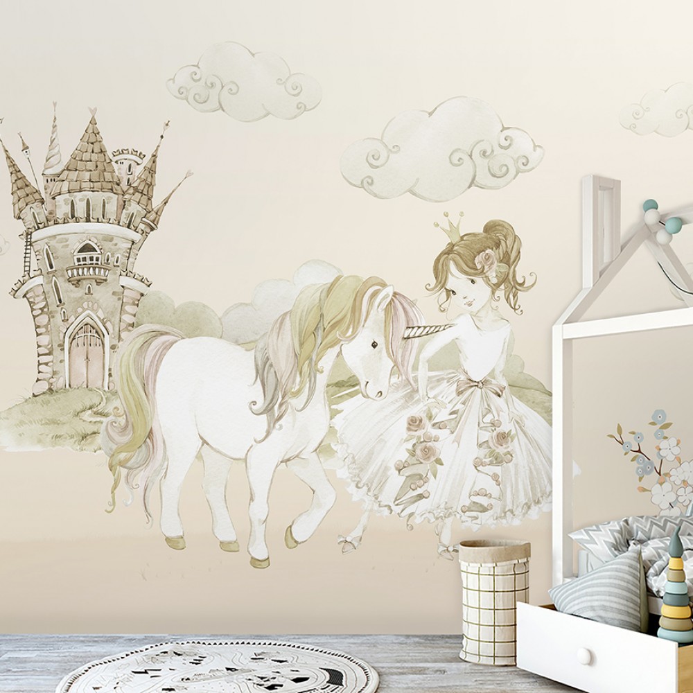Masalsı Prenses, Sihirli Unicorn At ve Şato Temalı Çocuk Odası Duvar Kağıdı