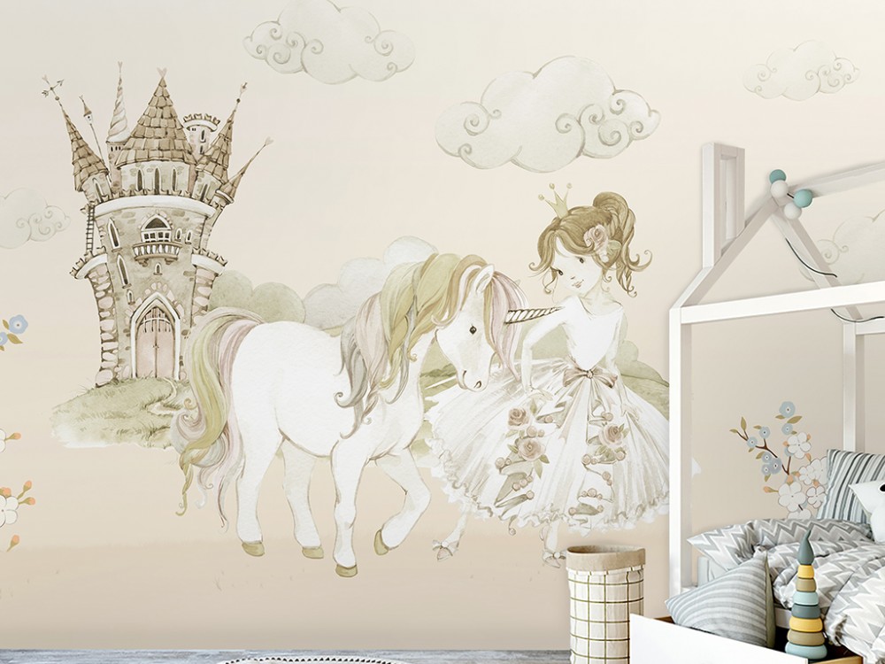 Masalsı Prenses, Sihirli Unicorn At ve Şato Temalı Çocuk Odası Duvar Kağıdı