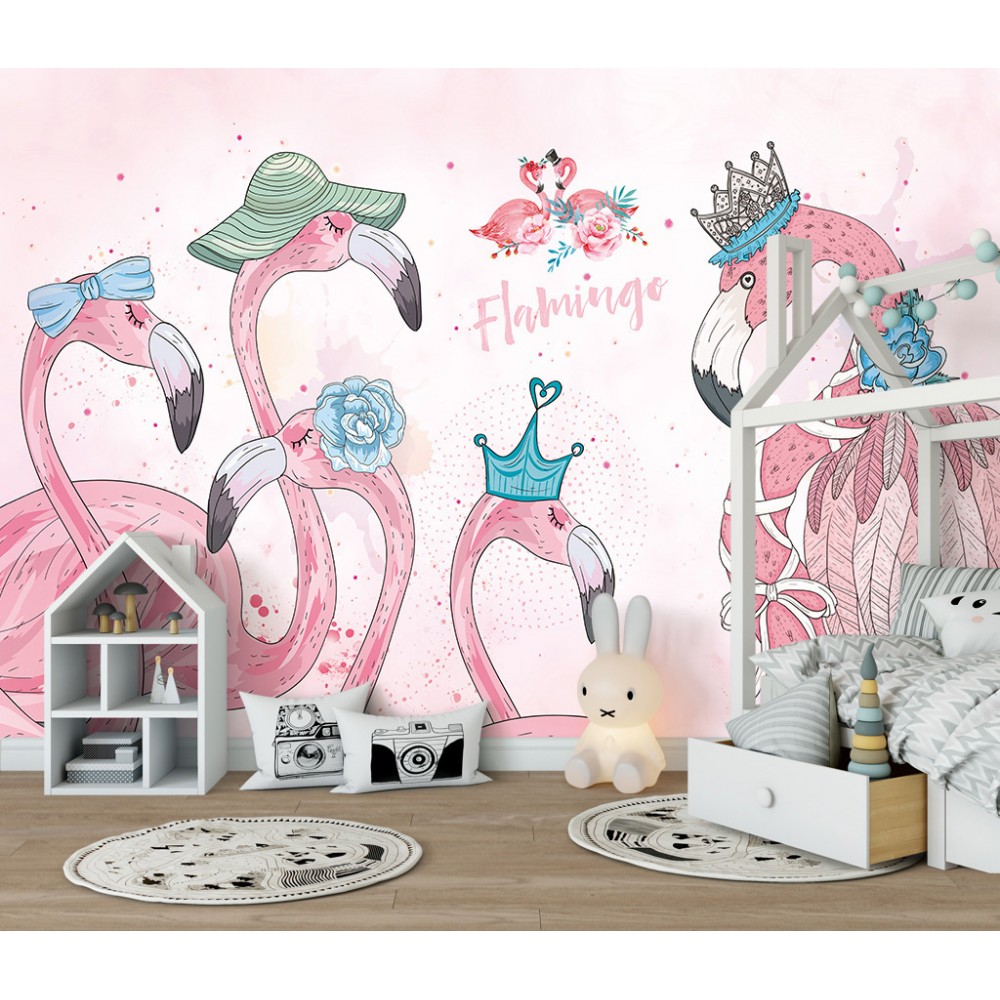 Sevimli Flamingo Ailesi ve Aksesuarlı Pembe Çocuk Odası Duvar Kağıdı