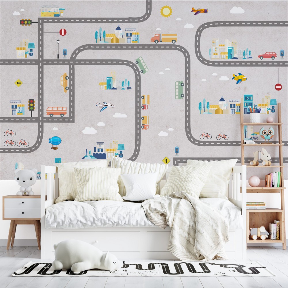 Şehir Yol Haritası ve Araçlar Temalı Eğitici Çocuk Odası Duvar Kağıdı