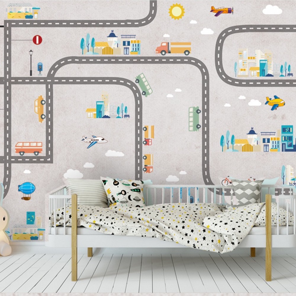 Şehir Yol Haritası ve Araçlar Temalı Eğitici Çocuk Odası Duvar Kağıdı
