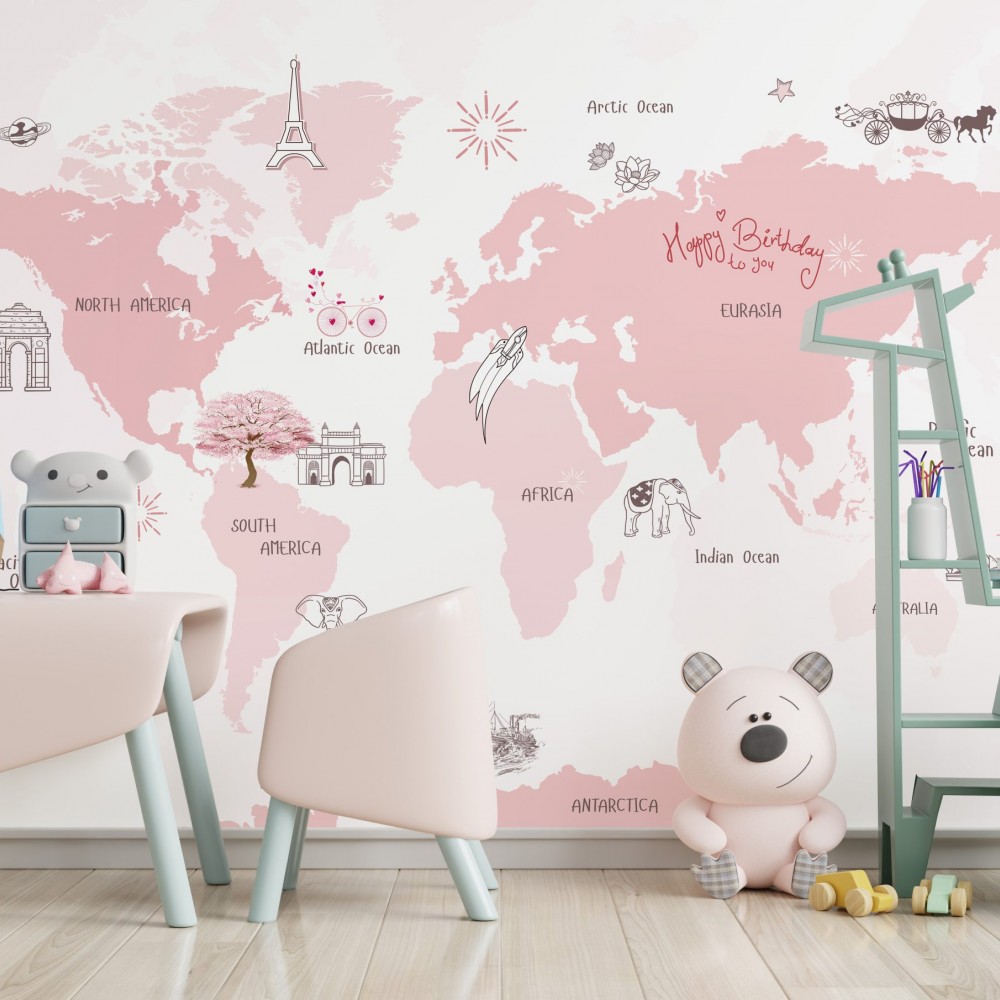 Masalsı Pembe Dünya Haritası ve İkonik Şehir Simgeleri Temalı Çocuk Odası Duvar Kağıdı