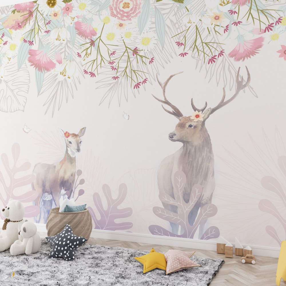 Modern İskandinav Stil Orman Hayvanları ve Botanik Desenli Bebek Odası Duvar Kağıdı