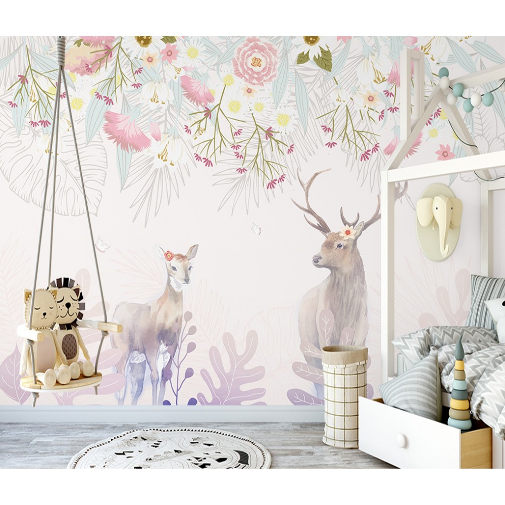 Modern İskandinav Stil Orman Hayvanları ve Botanik Desenli Bebek Odası Duvar Kağıdı