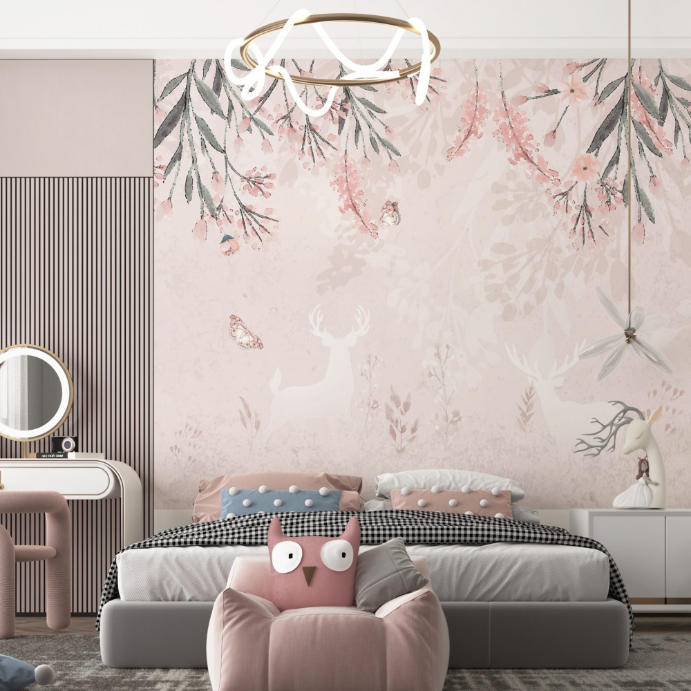 Pastel Pembe Orman ve Beyaz Geyik Silüetli Çocuk Odası Duvar Kağıdı