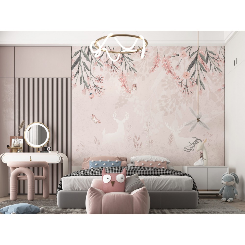 Pastel Pembe Orman ve Beyaz Geyik Silüetli Çocuk Odası Duvar Kağıdı