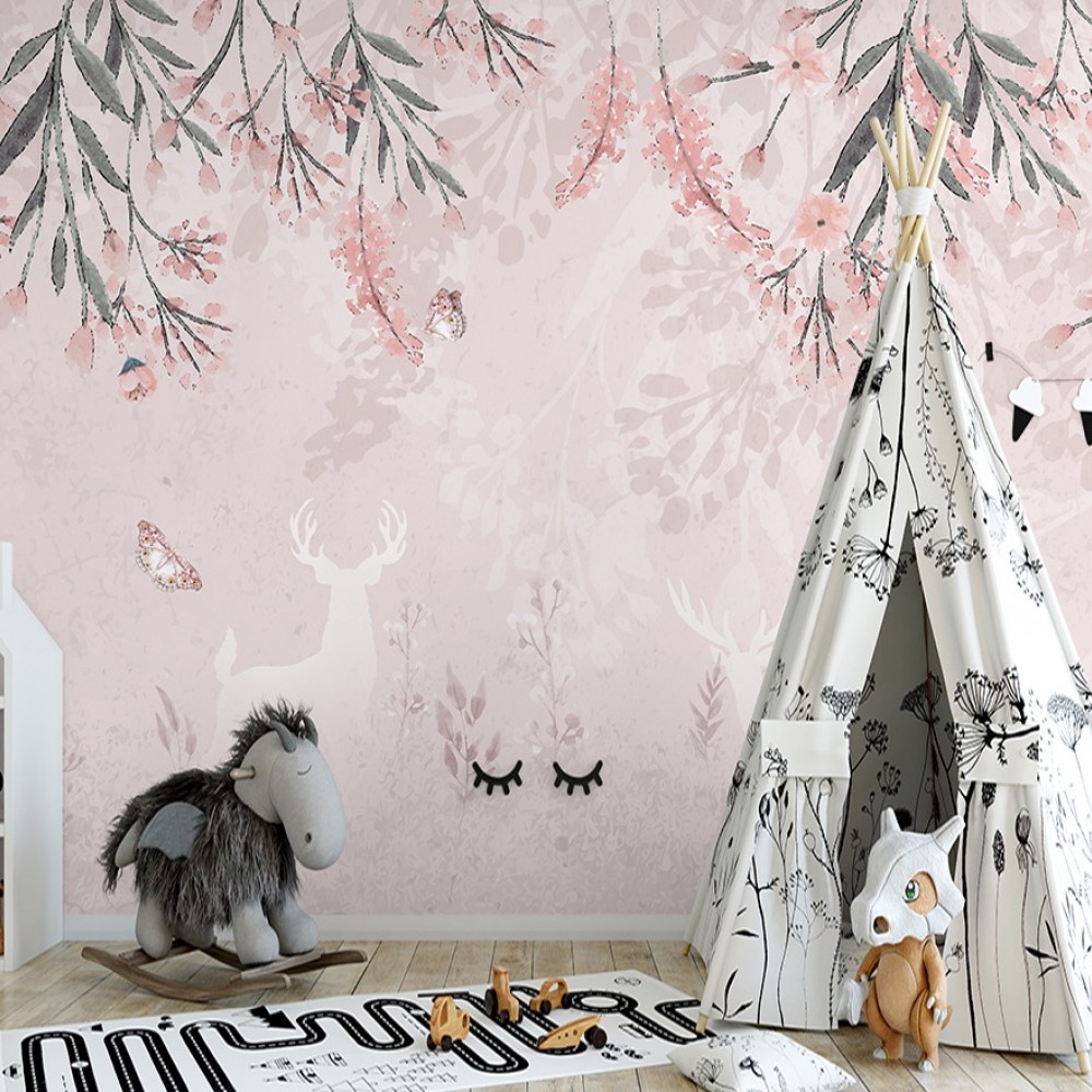 Pastel Pembe Orman ve Beyaz Geyik Silüetli Çocuk Odası Duvar Kağıdı