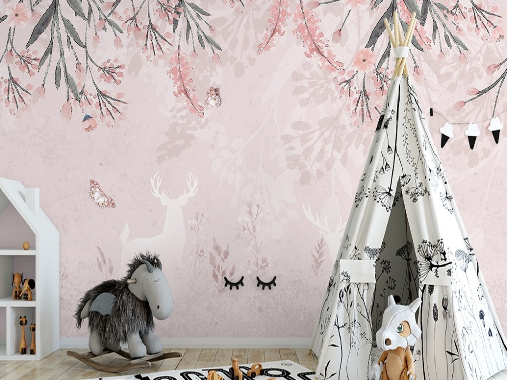 Pastel Pembe Orman ve Beyaz Geyik Silüetli Çocuk Odası Duvar Kağıdı