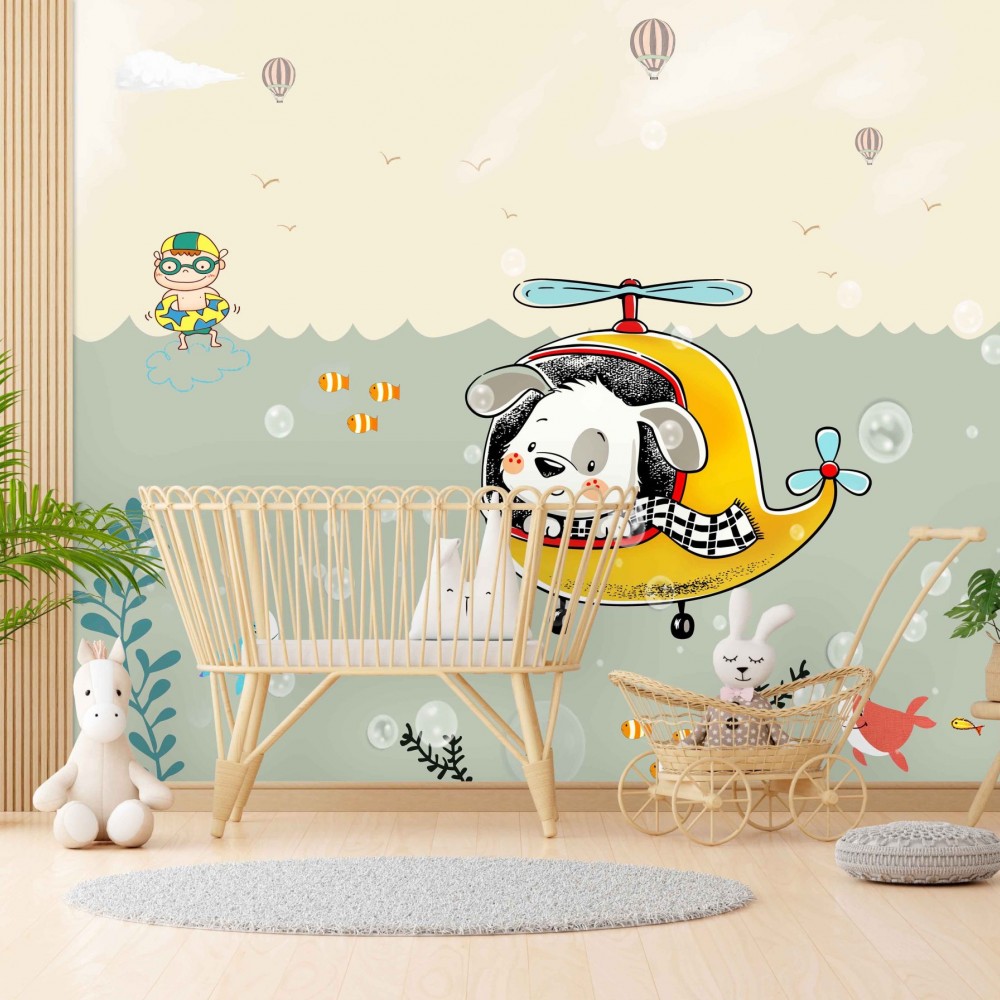 Sevimli Pilot Köpek, Deniz Altı Dünyası ve Yaz Maceraları Temalı Çocuk Odası Duvar Kağıdı