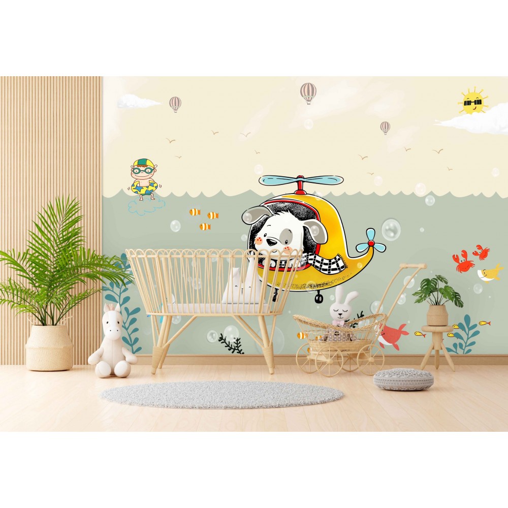 Sevimli Pilot Köpek, Deniz Altı Dünyası ve Yaz Maceraları Temalı Çocuk Odası Duvar Kağıdı
