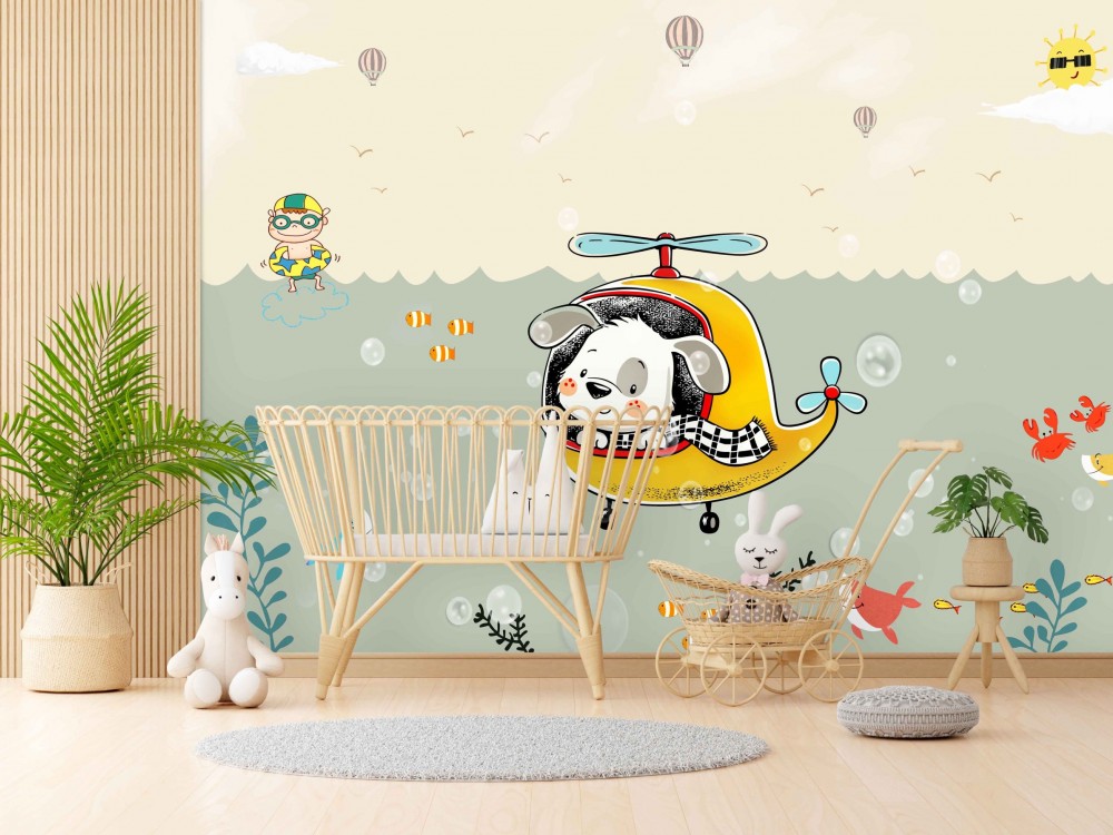 Sevimli Pilot Köpek, Deniz Altı Dünyası ve Yaz Maceraları Temalı Çocuk Odası Duvar Kağıdı