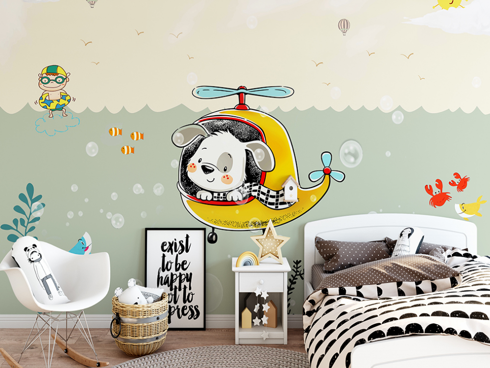 Sevimli Pilot Köpek, Deniz Altı Dünyası ve Yaz Maceraları Temalı Çocuk Odası Duvar Kağıdı