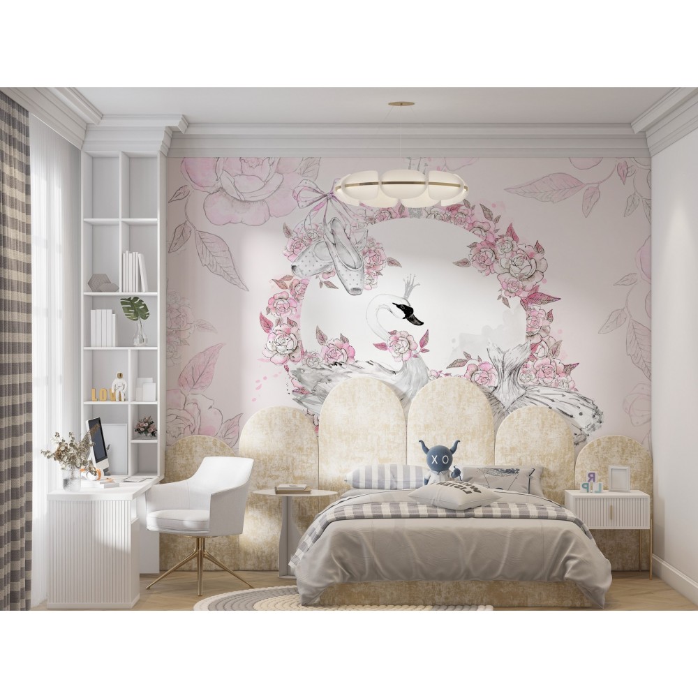 Zarif Balerin Kuğu ve Pembe Güller Temalı Çocuk Odası Duvar Kağıdı