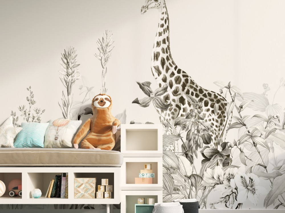 Siyah-Beyaz Eskiz Stil Safaride Zürafa ve Botanik Yaprak Desenli Duvar Kağıdı