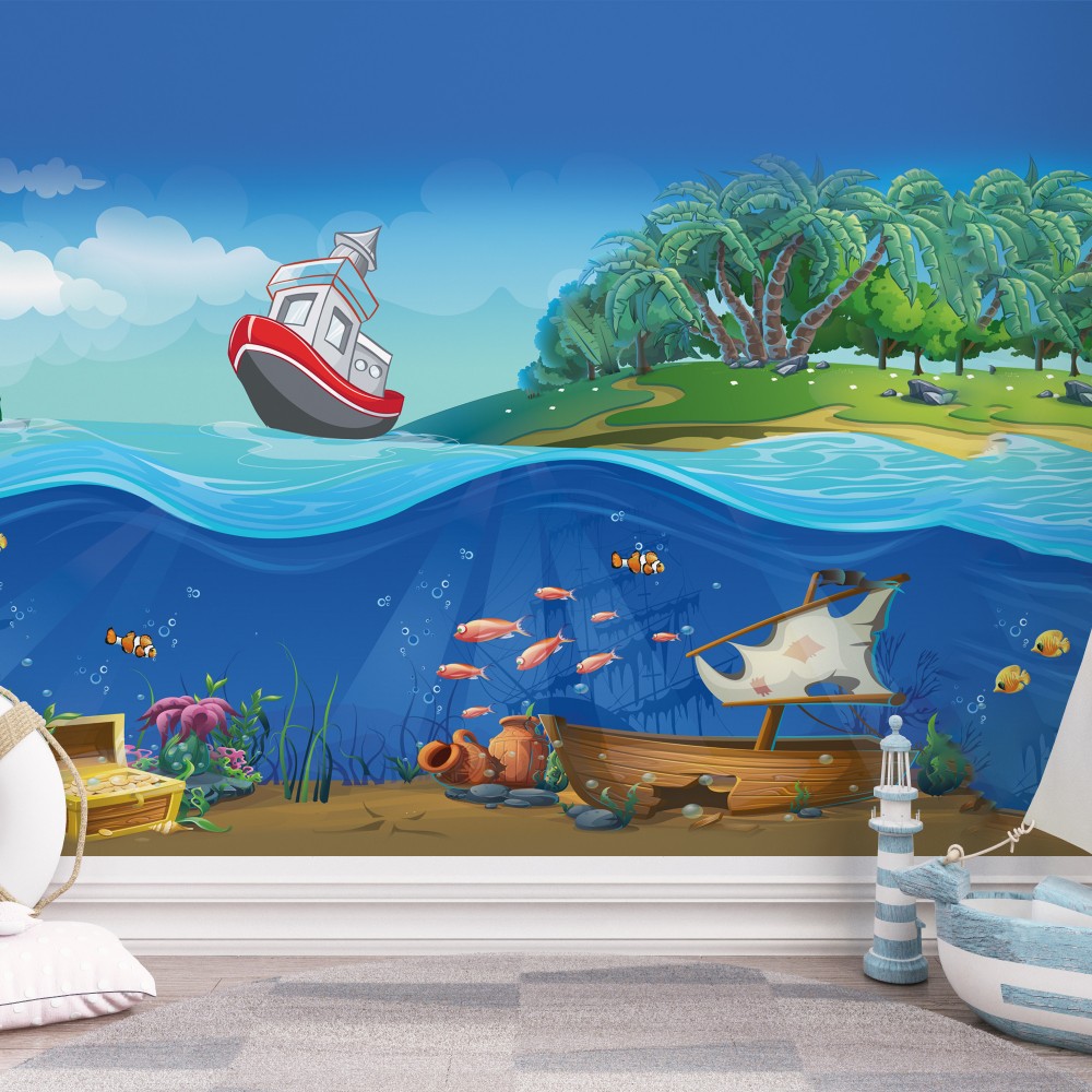 Batık Gemi, Deniz Altı Hazinesi ve Tropikal Ada Temalı Çocuk Odası Duvar Kağıdı