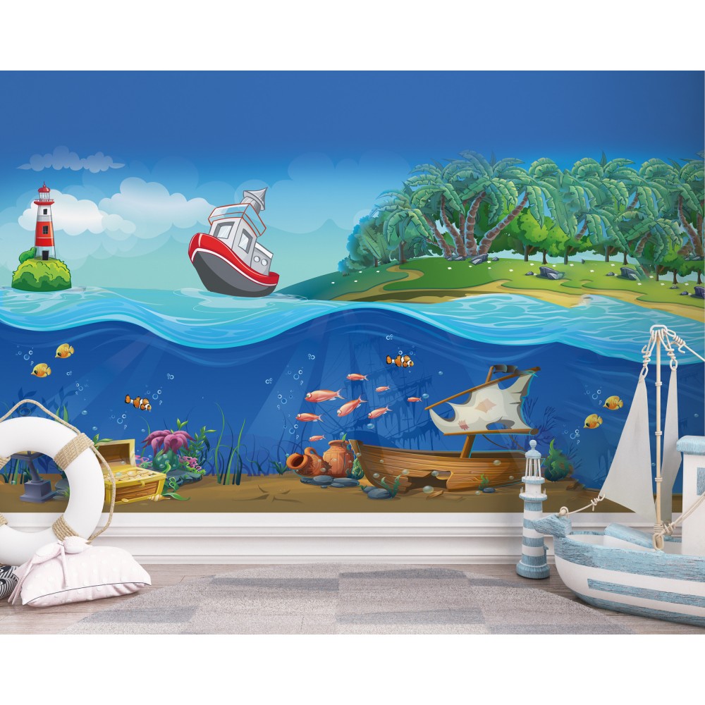 Batık Gemi, Deniz Altı Hazinesi ve Tropikal Ada Temalı Çocuk Odası Duvar Kağıdı