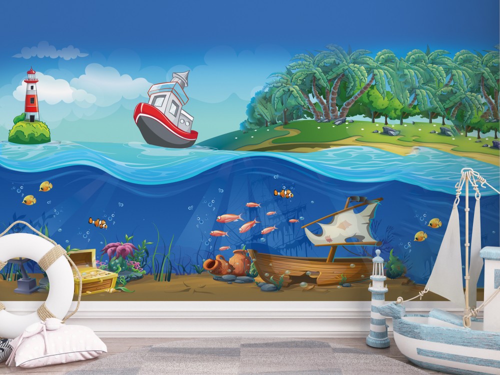 Batık Gemi, Deniz Altı Hazinesi ve Tropikal Ada Temalı Çocuk Odası Duvar Kağıdı