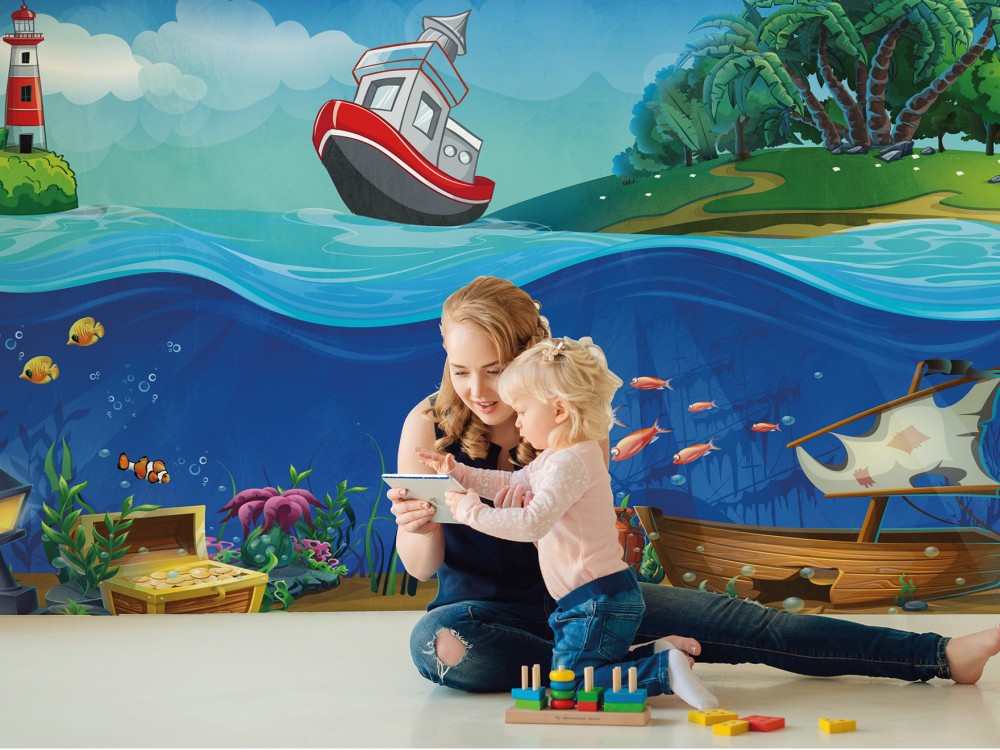 Batık Gemi, Deniz Altı Hazinesi ve Tropikal Ada Temalı Çocuk Odası Duvar Kağıdı