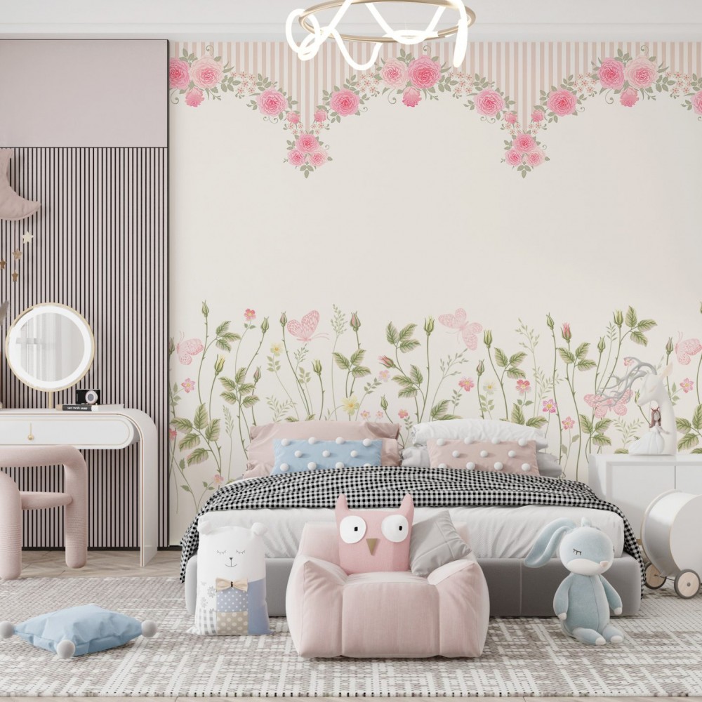 Vintage Gül Bahçesi ve Kelebek Temalı Bordür Desenli Çocuk Odası Duvar Kağıdı