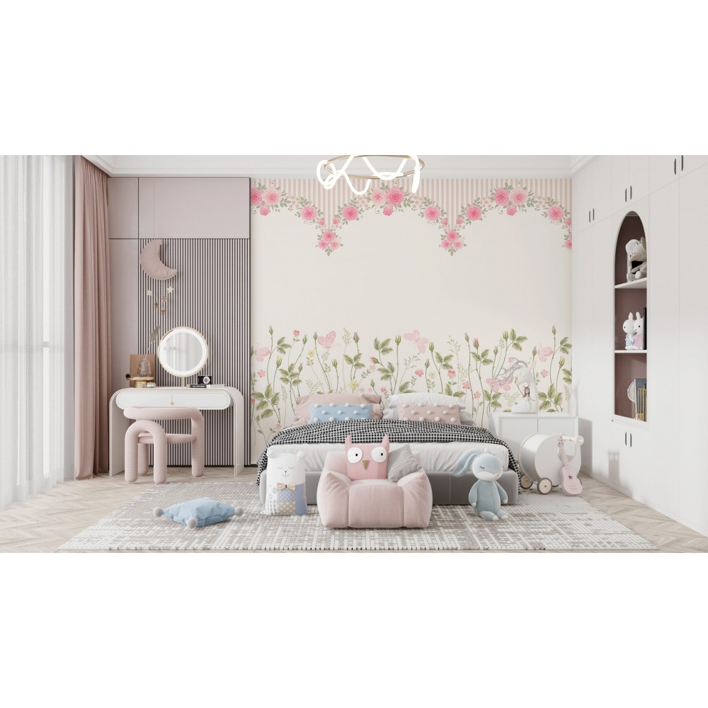 Vintage Gül Bahçesi ve Kelebek Temalı Bordür Desenli Çocuk Odası Duvar Kağıdı