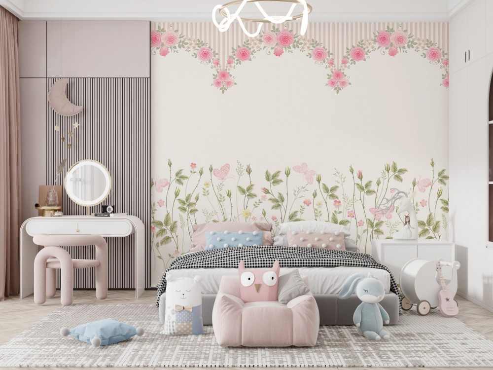 Vintage Gül Bahçesi ve Kelebek Temalı Bordür Desenli Çocuk Odası Duvar Kağıdı