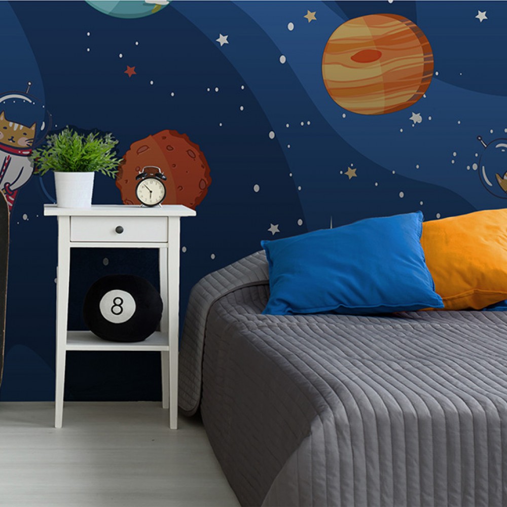 Uzayda Kedi Astronotlar Temalı Çocuk Odası Duvar Kağıdı