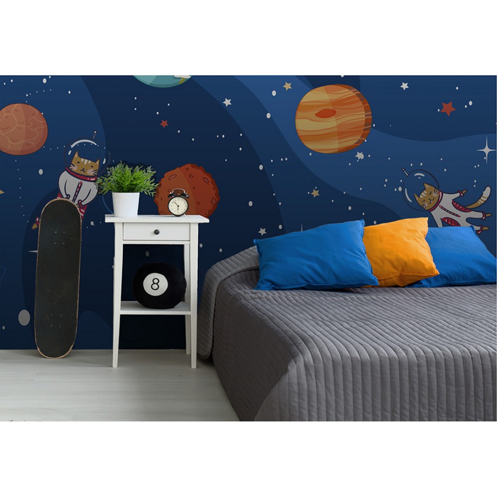 Uzayda Kedi Astronotlar Temalı Çocuk Odası Duvar Kağıdı