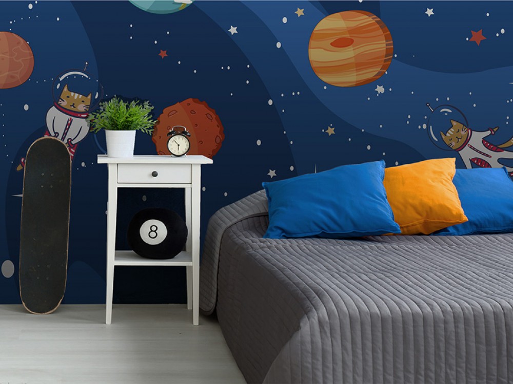 Uzayda Kedi Astronotlar Temalı Çocuk Odası Duvar Kağıdı