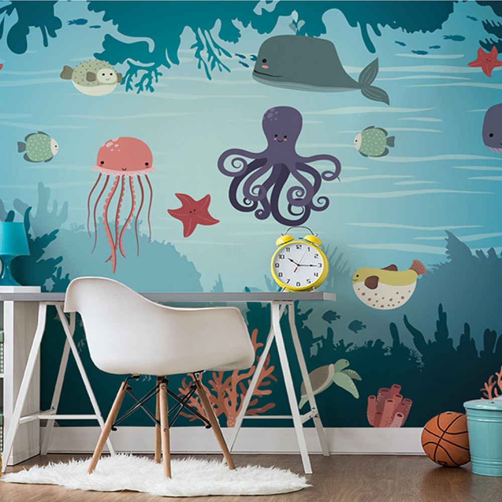 Derin Deniz Macerası Serisi: Balina, Ahtapot ve Denizanası Figürlü Bebek Odası Duvar Kağıdı