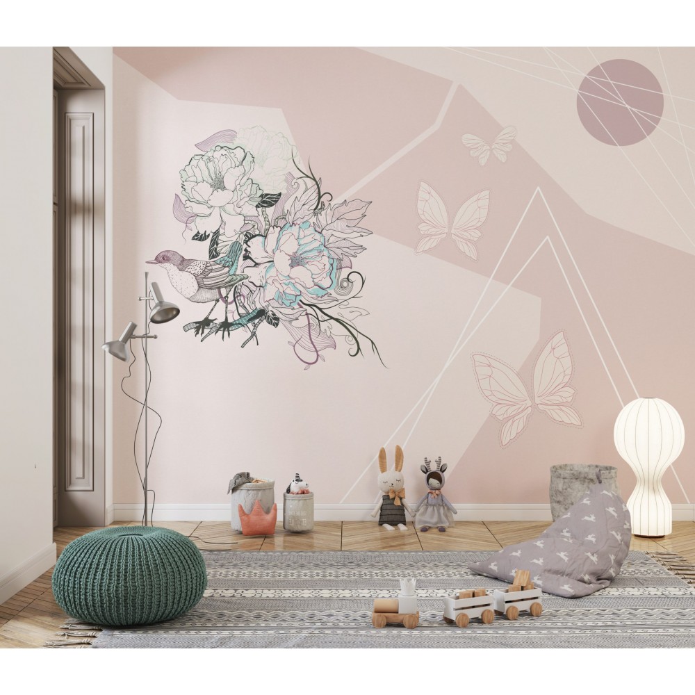 Pastel Pembe Tonlu Soyut Dağlar, Kelebekler ve Çiçekli Kuş Desenli Duvar Kağıdı