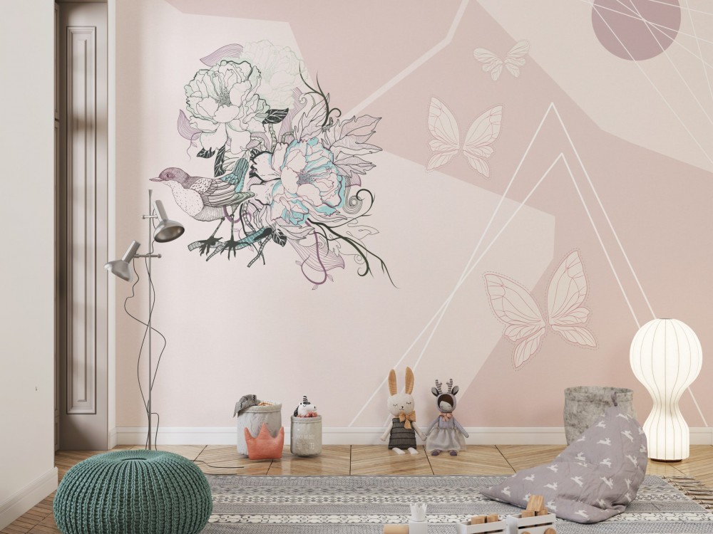 Pastel Pembe Tonlu Soyut Dağlar, Kelebekler ve Çiçekli Kuş Desenli Duvar Kağıdı