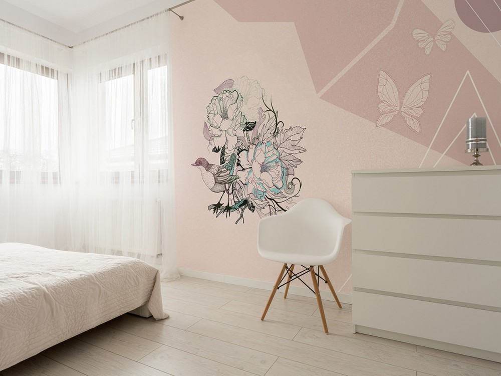 Pastel Pembe Tonlu Soyut Dağlar, Kelebekler ve Çiçekli Kuş Desenli Duvar Kağıdı