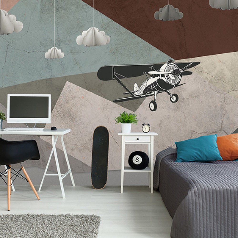 Retro Pervaneli Uçak ve Geometrik Dağ Temalı Duvar Kağıdı