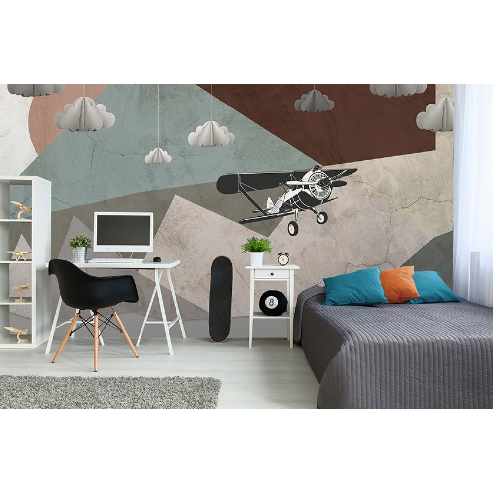 Retro Pervaneli Uçak ve Geometrik Dağ Temalı Duvar Kağıdı