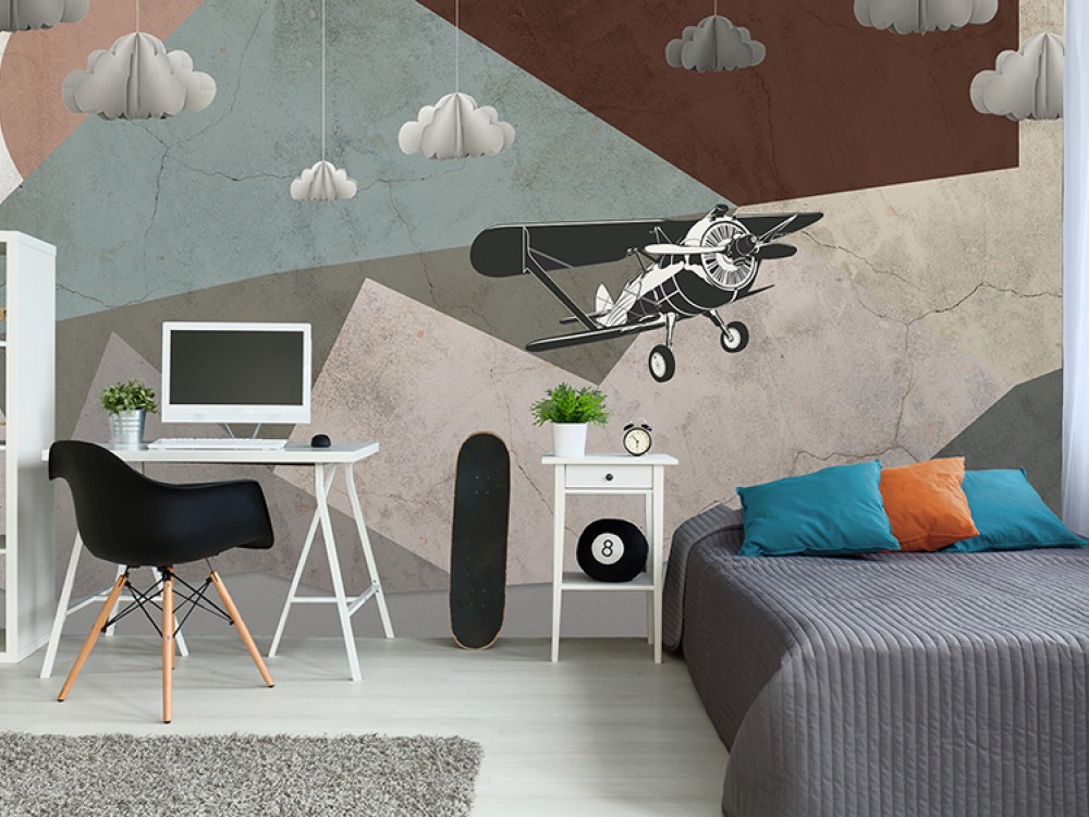 Retro Pervaneli Uçak ve Geometrik Dağ Temalı Duvar Kağıdı