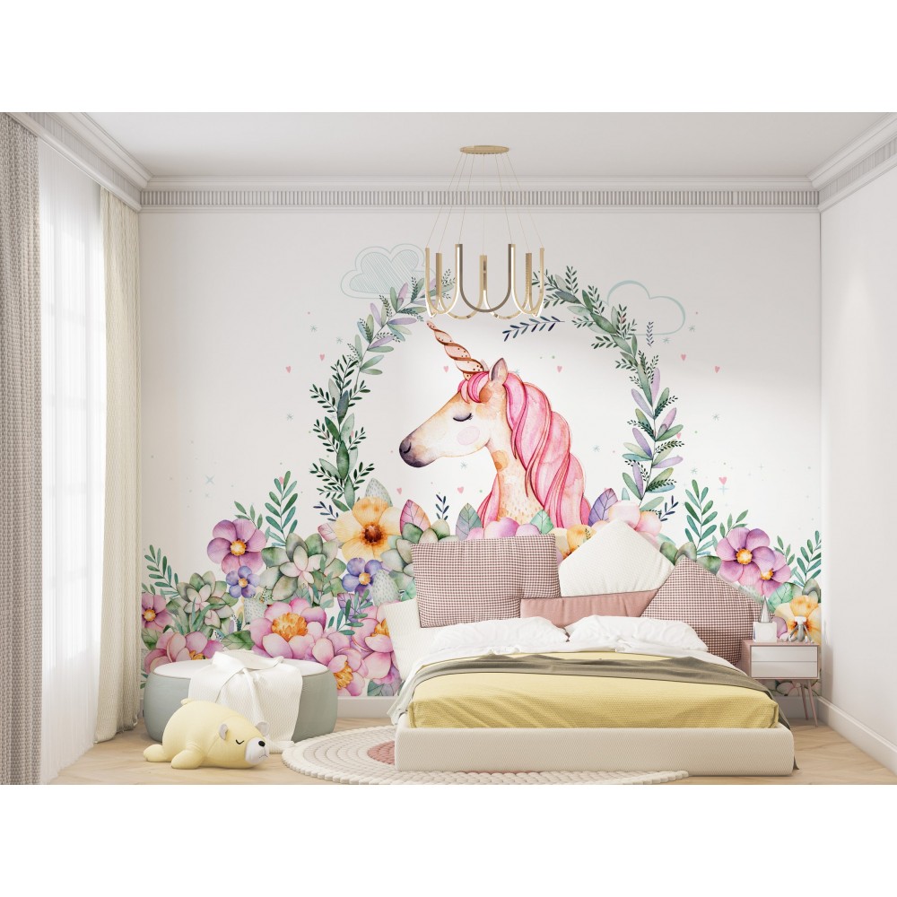 Sihirli Dünya: Suluboya Unicorn ve Çiçek Çelengi Temalı Çocuk Odası Duvar Kağıdı