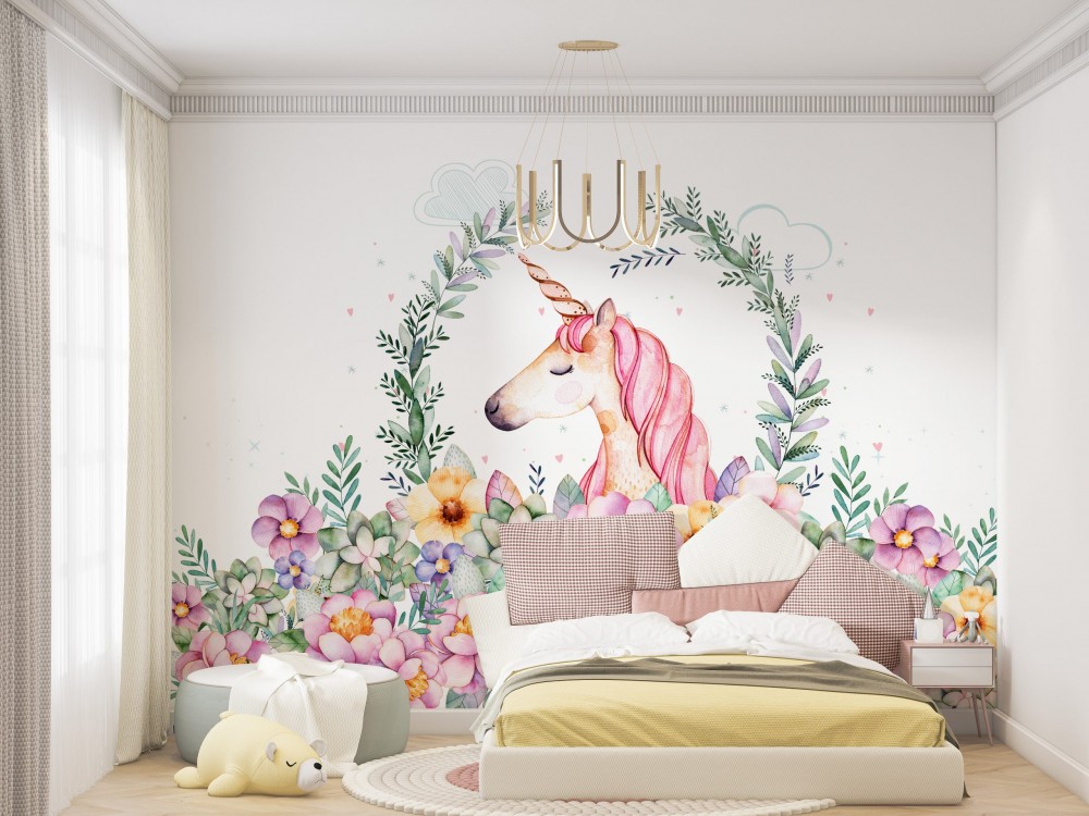 Sihirli Dünya: Suluboya Unicorn ve Çiçek Çelengi Temalı Çocuk Odası Duvar Kağıdı