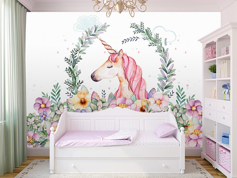 Sihirli Dünya: Suluboya Unicorn ve Çiçek Çelengi Temalı Çocuk Odası Duvar Kağıdı