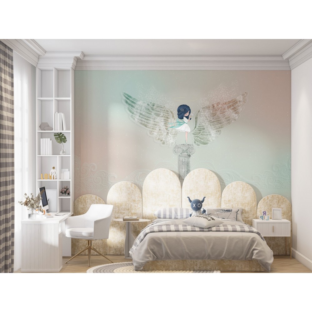Sihirli Kanatlı Peri Kızı ve Antik Sütun Temalı Pastel Çocuk Odası Duvar Kağıdı