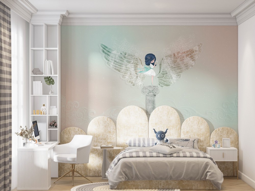 Sihirli Kanatlı Peri Kızı ve Antik Sütun Temalı Pastel Çocuk Odası Duvar Kağıdı