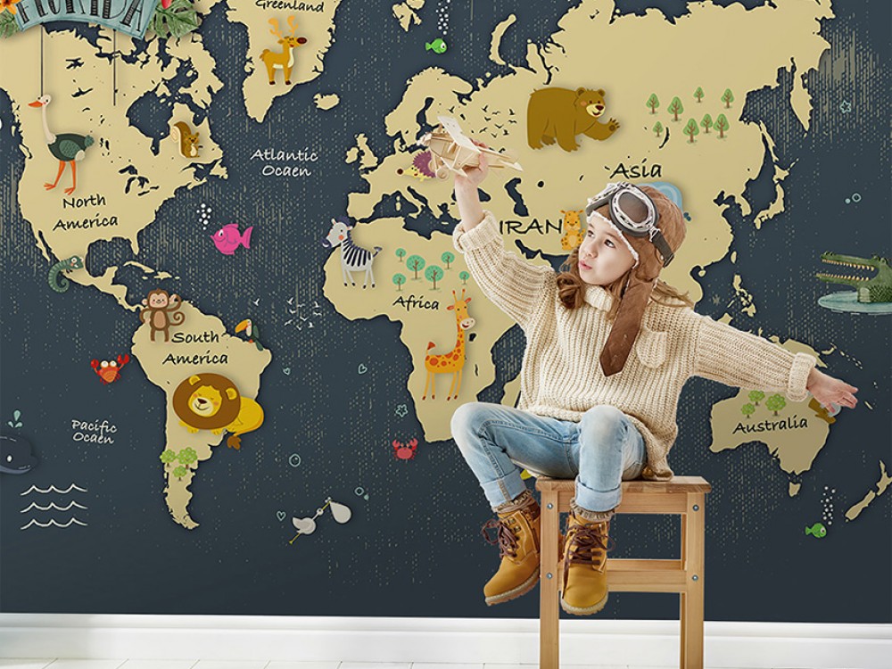 Eğitici Sevimli Hayvanlar ve Dünya Haritası Tasarım Duvar Kağıdı