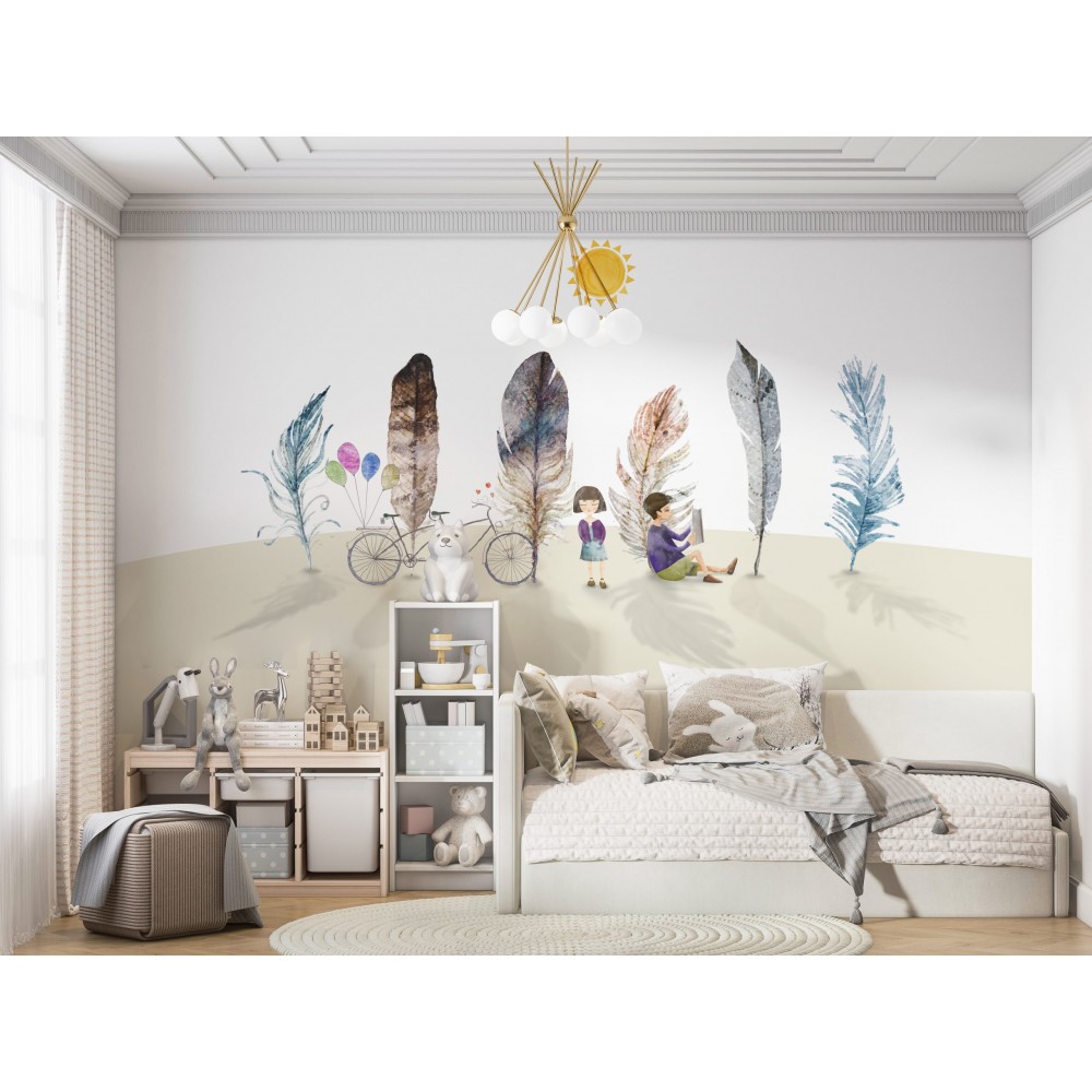 Dev Renkli Tüyler ve Kitap Okuyan Çocuk Figürlü Duvar Kağıdı