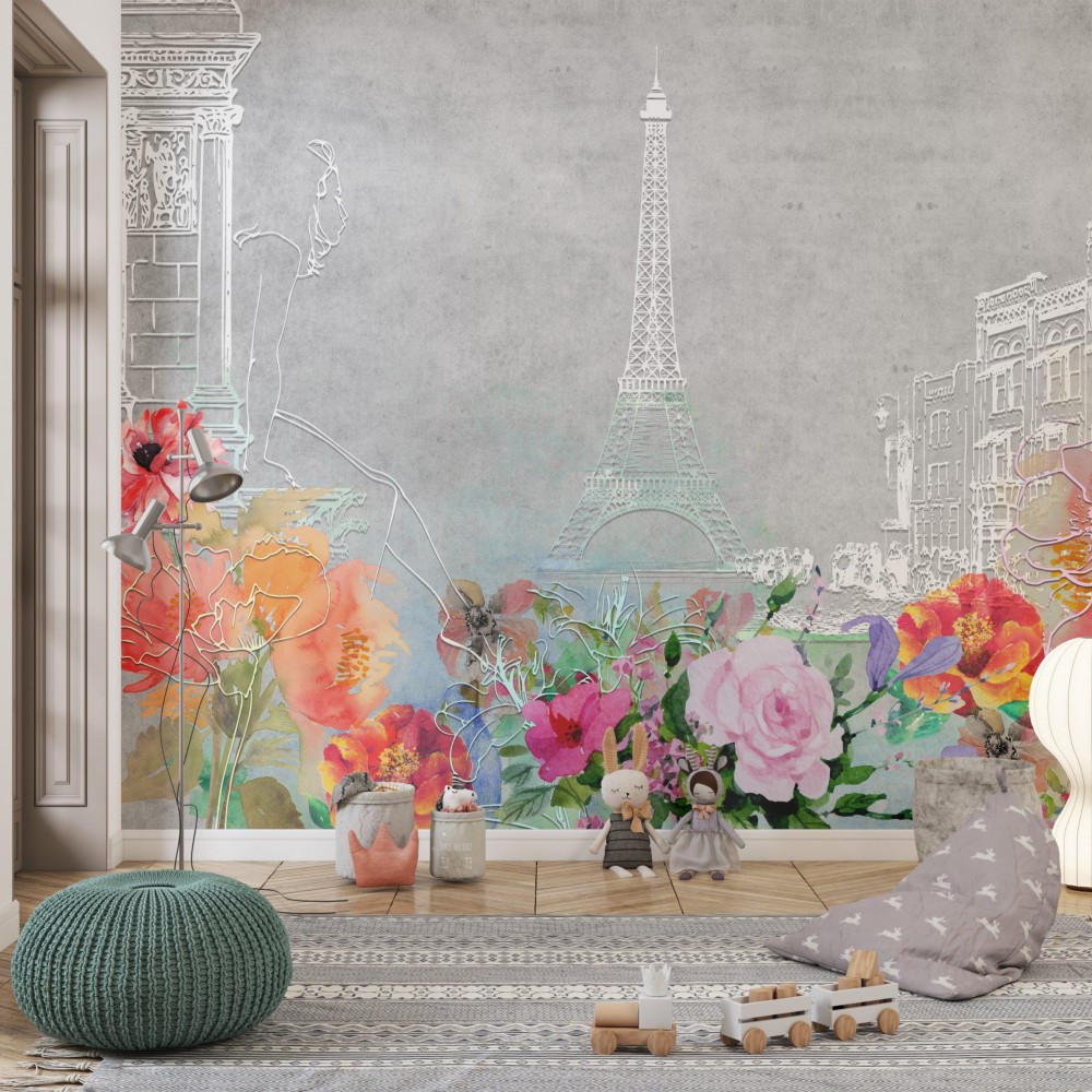 Sanatsal Eiffel Kulesi ve Renkli Çiçek Bahçesi Temalı Çocuk Odası Duvar Kağıdı