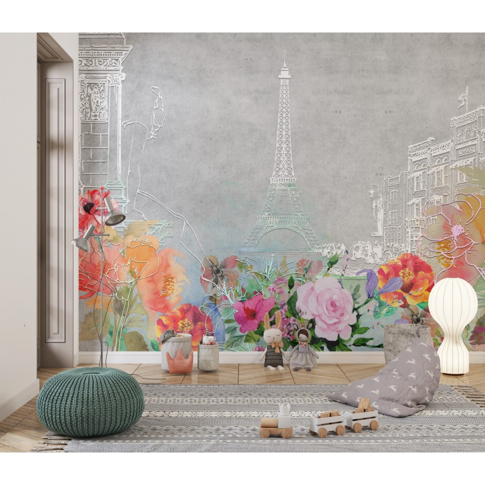 Sanatsal Eiffel Kulesi ve Renkli Çiçek Bahçesi Temalı Çocuk Odası Duvar Kağıdı