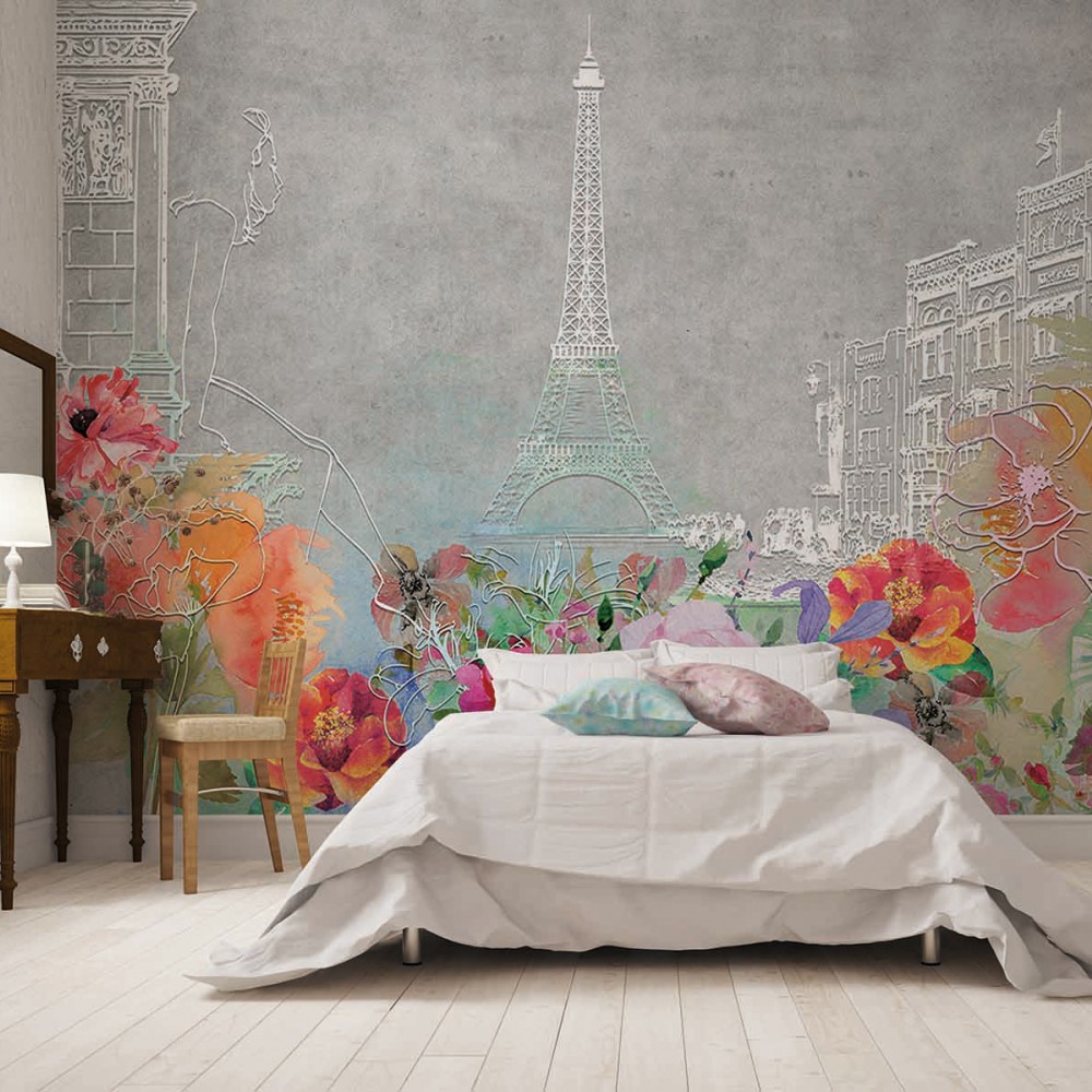 Sanatsal Eiffel Kulesi ve Renkli Çiçek Bahçesi Temalı Çocuk Odası Duvar Kağıdı
