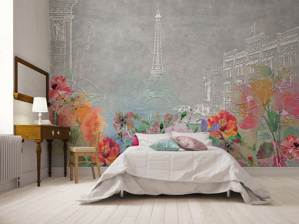 Sanatsal Eiffel Kulesi ve Renkli Çiçek Bahçesi Temalı Çocuk Odası Duvar Kağıdı